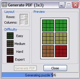 Sudoku Puzzle Generator screenshot showing PDF generation in progress